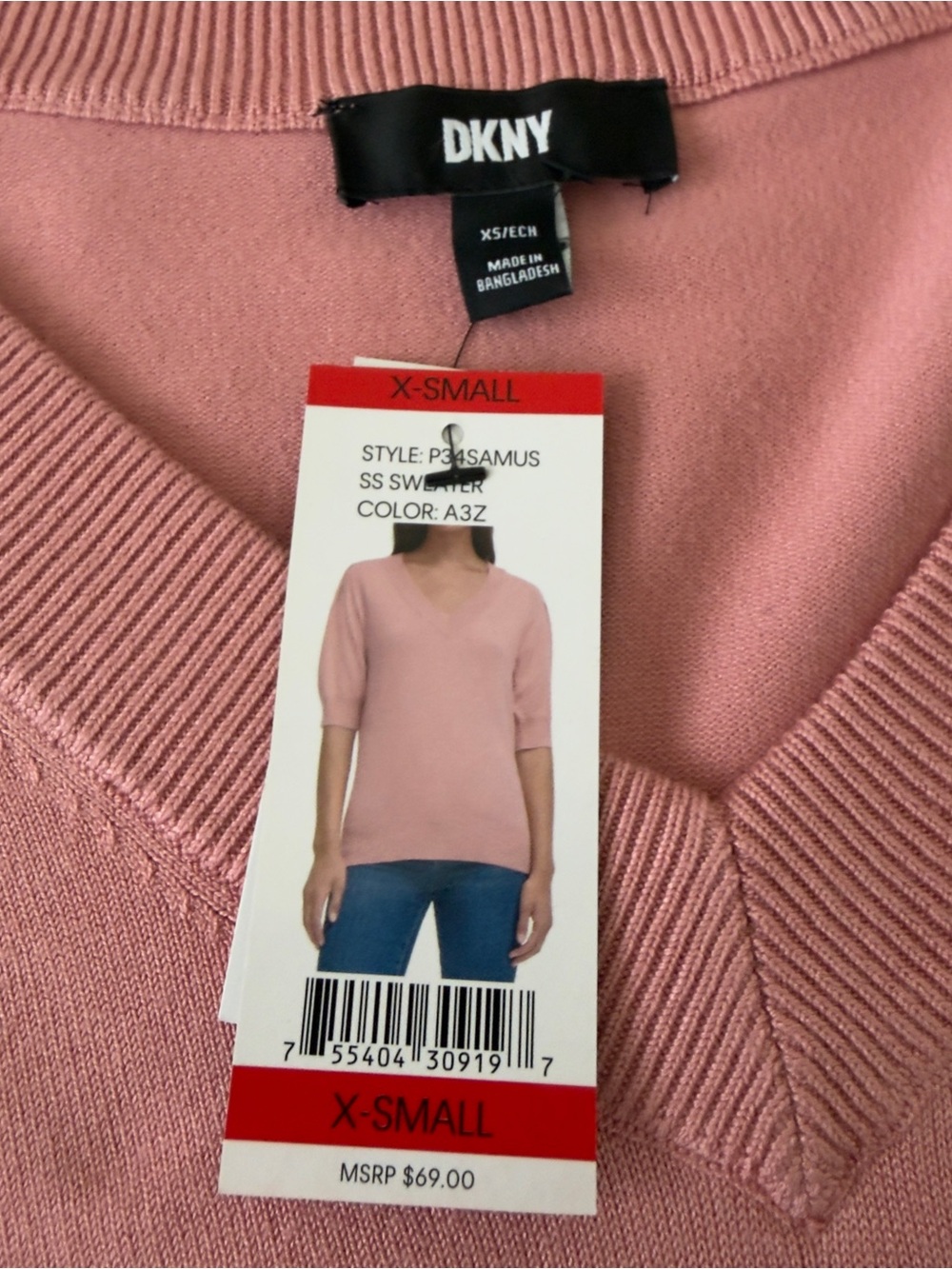 DKNY Women’s Size XS Pink V Neck Half Sleeve Puff Sleeve Pullover Sweater NWT - Picture 3 of 7